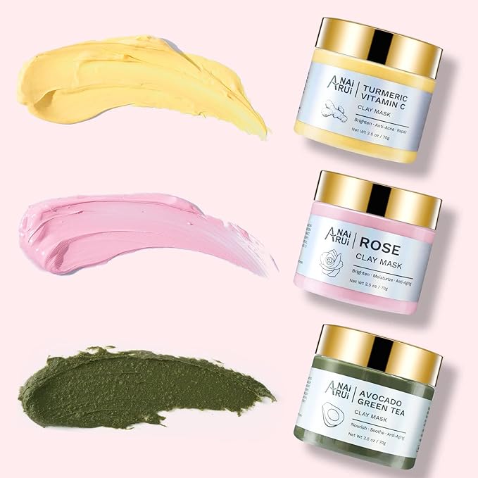 ANAI RUI 3 Pack Pore Purity Cleansing Clay Mask Set Absorbs Excess Oil,Turmeric Vitamin C Clay Mask -Rose Facial Mask -Avocado Green Tea Mud Mask,Facial Mask Skincare for Deep Cleansing 2.5 oz each