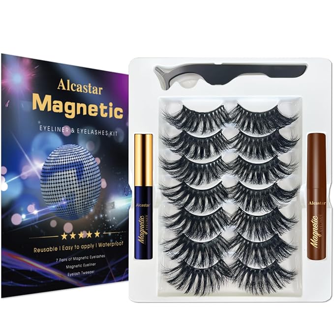 Alcastar Magnetic Eyelashes with Eyeliner Kit, Magnetic Lashes Natural Looking with, Reusable,Long Lasting, Easy Apply,Cruelty-Free. (Mink Fluffy7-202)