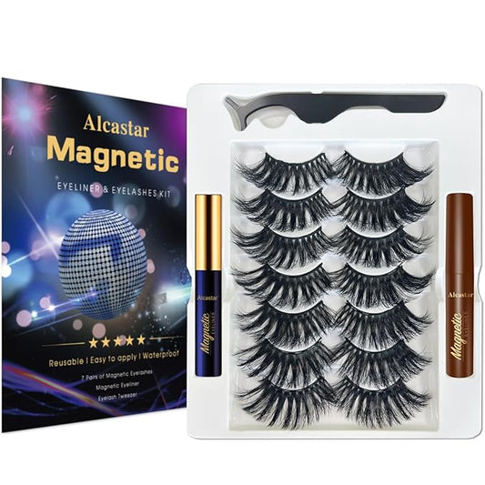 Alcastar Magnetic Eyelashes with Eyeliner Kit, Magnetic Lashes Natural Looking with, Reusable,Long Lasting, Easy Apply,Cruelty-Free. (Mink Fluffy7-202)