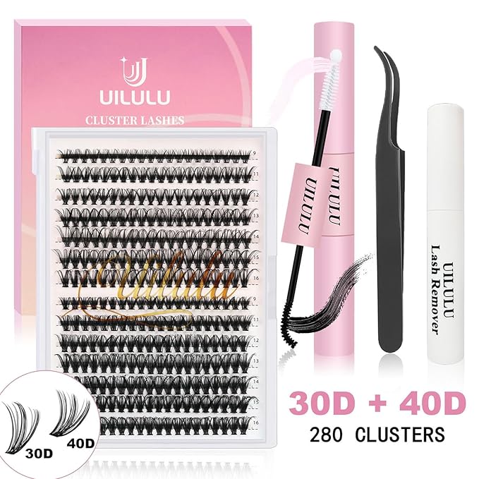 Lash Clusters Kit for DIY Lash Extension at Home, 30&40D False Eyelashes Set with Bond and Seal, Remover, Tweezers, D Curl Wispy Individual Clusters Eye Lash Extensions (30&40D DIY Lash Kit)