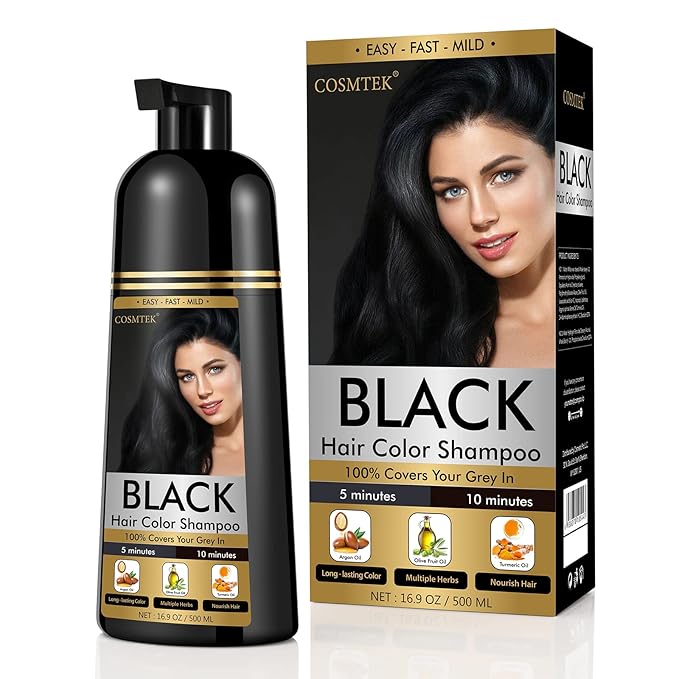 Black Dye Shampoo for Permanent Hair Color - Men&Women, Gray Coverage, Beard & Treated Hair, 3-In-1, 30 Days/500ml/Ammonia-Free/Natural Herbal