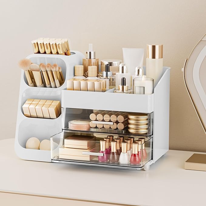 Delamu Makeup Organizer Countertop, Spacious Cosmetic Display Case with Makeup Brush Holder, Perfect Vanity Bathroom Organizer and Storage Solution for Skincare & Beauty Essentials, White