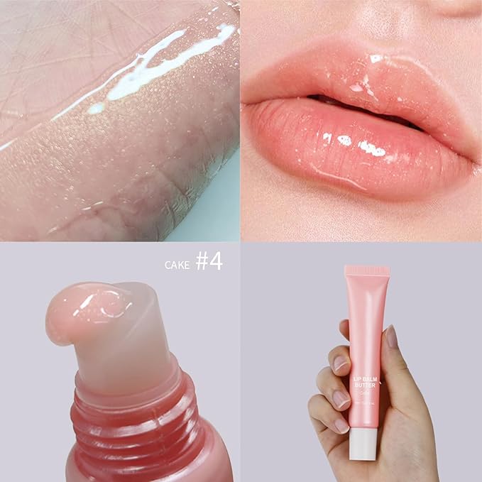 Summer Lip Glossy Butter Balm, Instant Moisture Sheer Pink Glitter Tint, Non-Sticky, Conditioning Formula to Soothe & Repair Dry, Chapped Lips, Jelly Lip Stain with Natural Scent (#4Cake, 1Pc)