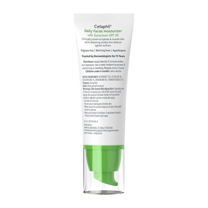 Cetaphil Daily Facial Moisturizer SPF 50, 1.7 Fl Oz (Pack of 2), Gentle Facial Moisturizer For Dry to Normal Skin Types, No Added Fragrance, Dermatologist Recommended (Packaging May Vary)