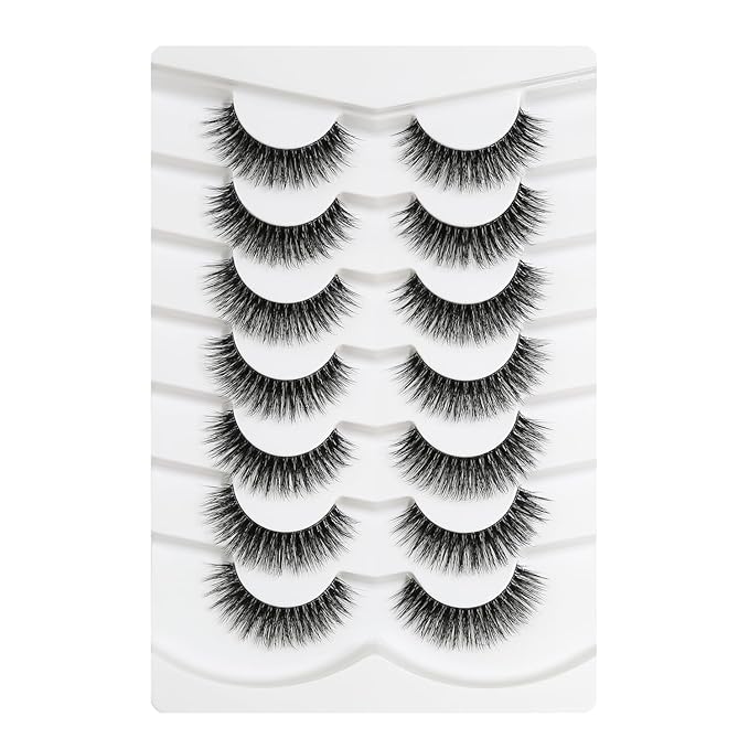 3D Clear Band Lashes 14mm Natural Soft Faux Mink Lashes C/D Curl Cat Eye Wispy Fake Eyelashes Short Cross Reusable False EyeLashes 7 Pairs (No.207)