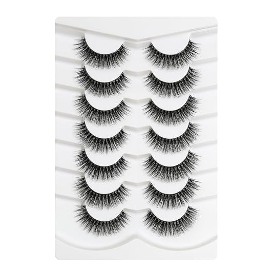3D Clear Band Lashes 14mm Natural Soft Faux Mink Lashes C/D Curl Cat Eye Wispy Fake Eyelashes Short Cross Reusable False EyeLashes 7 Pairs (No.207)