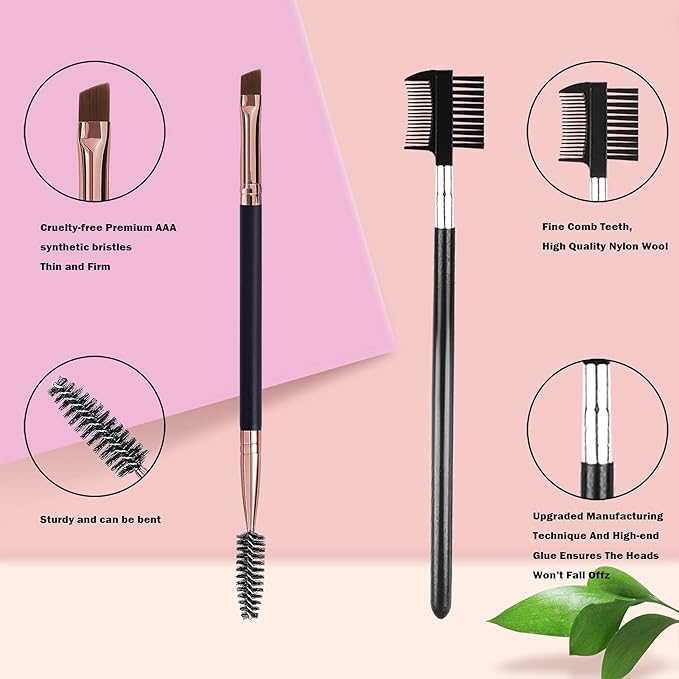 Duo Eyebrow Brush and Eyelash Comb Set - Professional Angled Eye Brow and Spoolie Brush (Black+Black)