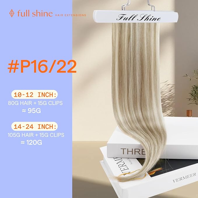 Full Shine Clip on Hair Extensions Blonde Highlights Human Hair Clip in Extensions 16 Inch Dark Blonde Mix Light Blonde Hair Extensions Human Hair 120 G 7 Pcs
