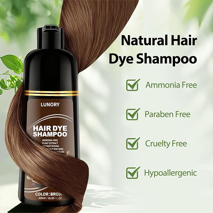 Brown Hair Dye Shampoo for 100% Gray Coverage - 3 IN 1 Hair Color Shampoo with Argan Oil & Ginseng, Ammonia & Paraben Free, Long Lasting Semi-Permanent Natural Color for Women & Men (500ml)
