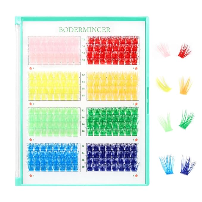 BODERMINCER D Curl False Eyelash Clusters, 8 Colors Collection, Individual Lash Extensions, 12-18mm Length For Beginner (A# 8 Colors-12-18mm D Curl)