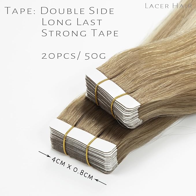 Lacerhair Natural Hair Remy Tape in Human Hair Extensions Dip Dyed Balayage #8/60 Light Brown to Platinum blonde Seamless PU Skin Weft 100% Real Virgin Invisible Hair Double Side 50g 20pcs/set 18 inch
