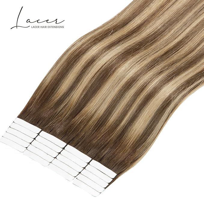 Lacer Tape in Hair Extensions Human Hair 20 Inch Natural Chocolate Brown to Dark Caramel Blonde Tape in Extensions Seamless Silky Straight Hair Pieces 20pcs 50grams