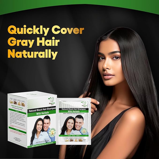 Ammonia-Free & Paraben Free Herbal Hair Shampoo - Hair Dye Shampoo for Women & Men - Natural Color & Herbal Nourishment - No Stain on Skin - Natural Black (20 sachets x 25 ml)