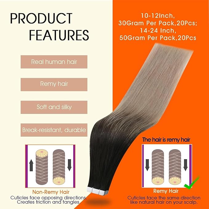 Full Shine Blonde Tape in Hair Extensions Balayage Seamless Tape in Human Hair Extensions 20Inch Color 1B/18 Black To Blonde Remy Natural Hair Extension Remy Hair 50G 20Pcs for Women Soft Add Length