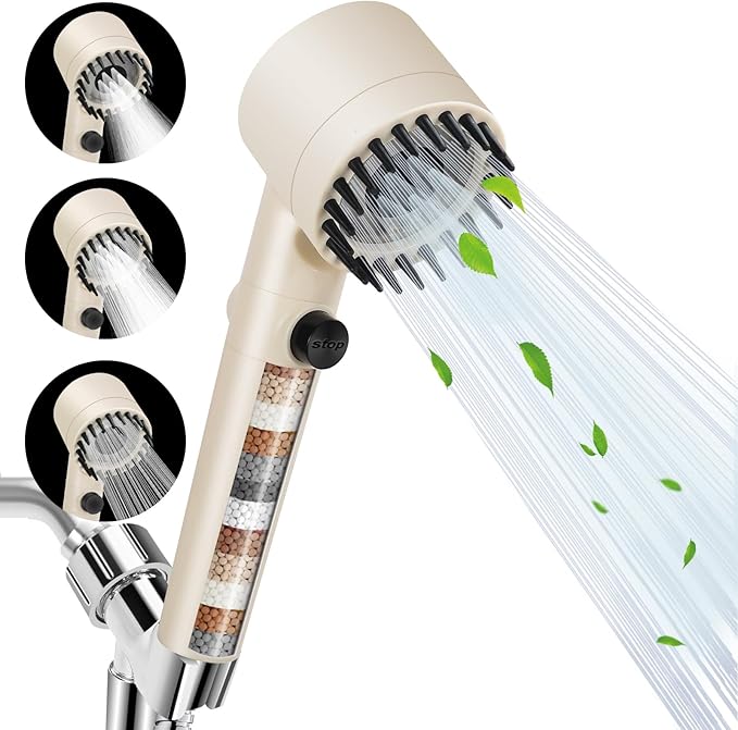 Luxsego High Pressure Shower Heads with Handheld Sprayer, Filtered Shower Head Soften Hard Water with Scalp Massager for Skin & Hair Care, 3 Settings Multi Functional Detachable Shower Head (Cream)