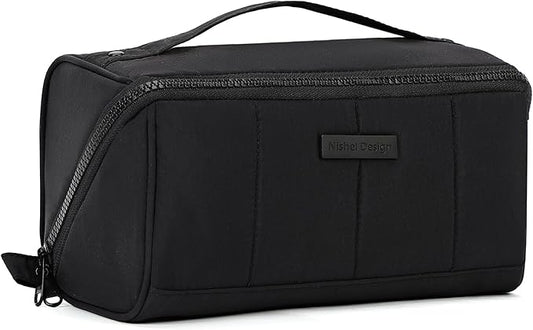 NISHEL Travel Makeup Bag for Women, Fluffy & Lightweight Open Flat Cosmetic Organizer with Multiple Functional Divider for Brush Independent Storage, Handle for Easy Portability, Black