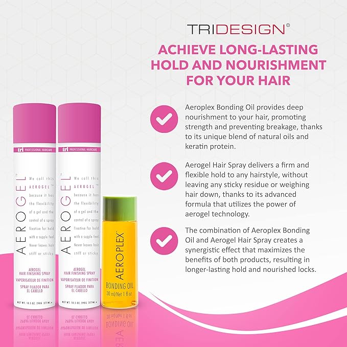 TRIDESIGN Aerogel Hairspray & Aeroplex Bonding Oil Bundle - Hair Finishing Spray for Volumizing, Control, Repair & Prevent Breakage for Dry, Damaged & Frizzy Hair - Pack of 3 (10.5 Oz & 1 Oz)