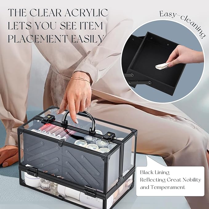 FRENESSA Portable Makeup Case Cosmetics Display Cases Toiletry Organizer Box Transparent Acrylic Artists Train Case with 6 Trays Travel Makeup Tools Storage for Vanity Counter Dresser Organizer Black