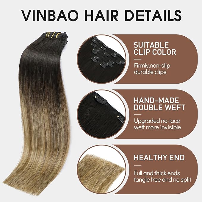 VINBAO Hair Extensions Clip in Human Hair Black Roots to Brown 140g 16 inch 7pcs Black Ombre Dark Brown with Caramel Blonde Clip in Hair Extensions Human Hair (#HC1B427,16'')