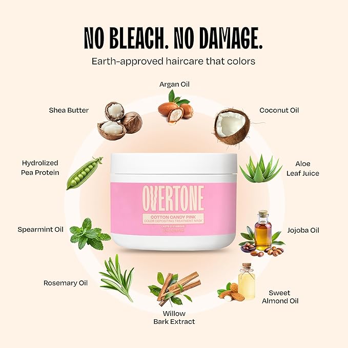 Overtone Semi Permanent Hair Color Conditioner, Pastel Pink is Now Cotton Candy Pink, 8 oz, Nourishing, Damage-Free, Color Depositing Mask for All Hair Types with Shea Butter & Coconut Oil, Vegan