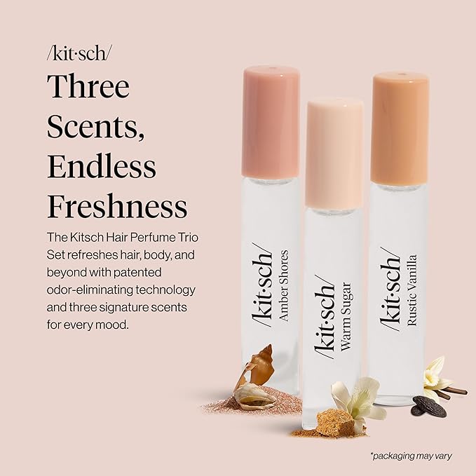 Kitsch Hair Perfume for Women - Trio Set | Clean, Deodorizing & Patented Odor-Eliminating Technology Hair Spray & Body Mist - Freshen Hair, Pillows - Amber Shores, Warm Sugar, Rustic Vanilla, 3x10mL