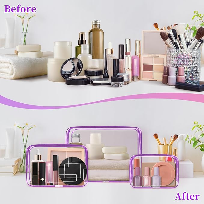 TISRATOK 12 PCS Clear Makeup Bag for Women with Zipper, TSA Approved Toiletry Pouch, Cosmetic Bag Bulk for Travel Organizer Essentials - Purple, Medium