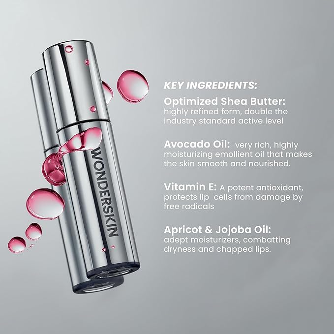 Wonderskin Lip Oil Rehab Serum - Color Changing Lip Oil from Clear to Pink - PH-activated, Non-sticky & Hydrating Tinted Serum for Dry Lips (Kissed)