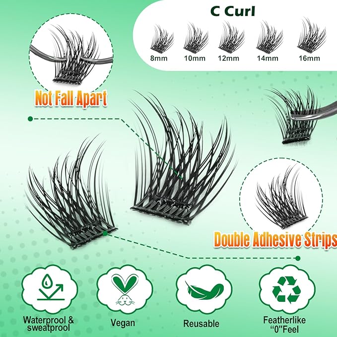 Self Adhesive Lash Clusters,Individual Eyelashes 240PCS No Glue Needed,8-16mm Fluffy Wispy Cluster Lashes Extensions,DIY Lash Extension Kit for Natural Volume Look with TWEEZERS