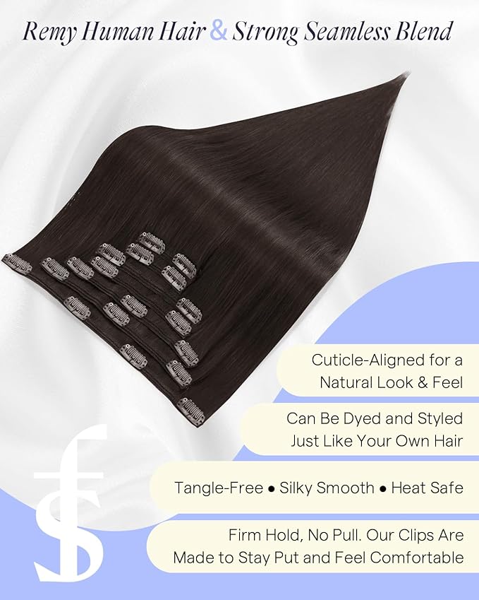 Full Shine Dark Brown Extensions Clip in 22 Inch 220 G Thick Clip in Hair Extensions Real Human Hair Dark Brown Human Hair Extensions for Volume 7 Pcs