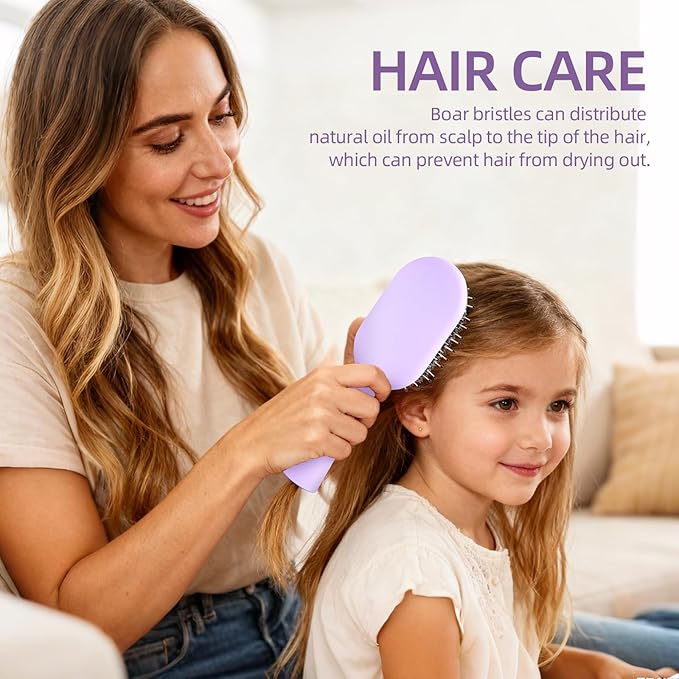 Boar Bristles Hair Brush for Women Men and Kids, Detangling Hair Brush for Smoothing Massage Add Shine, Nylon&Boar Bristles brush for Hair Healthy, Easy to Storage(Purple)