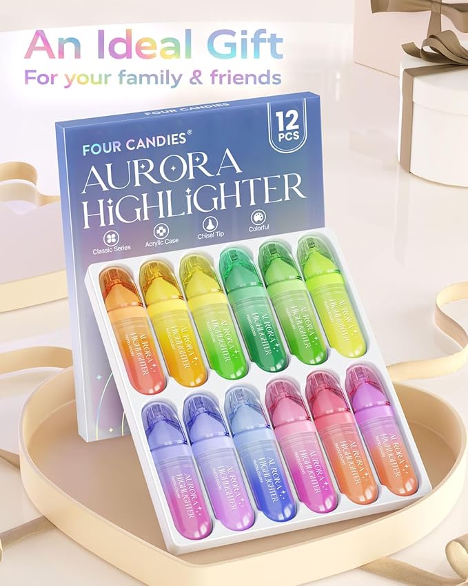 Four Candies 12 Pcs Highlighters Assorted Colors, Cute Pastel Highlighter Set, Dry Quickly, Soft Chisel Tip, Assorted Colors Bible Highlighter for No Bleed, Aesthetic Highlighters for School, Office