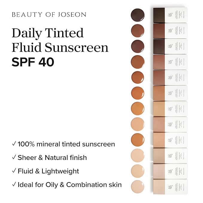 Beauty of Joseon Daily Tinted Fluid Sunscreen 12 Shades for Face Moisturizing Broad Spectrum SPF 40 Korean Skincare 50ml, 1.69 fl.oz #MY220