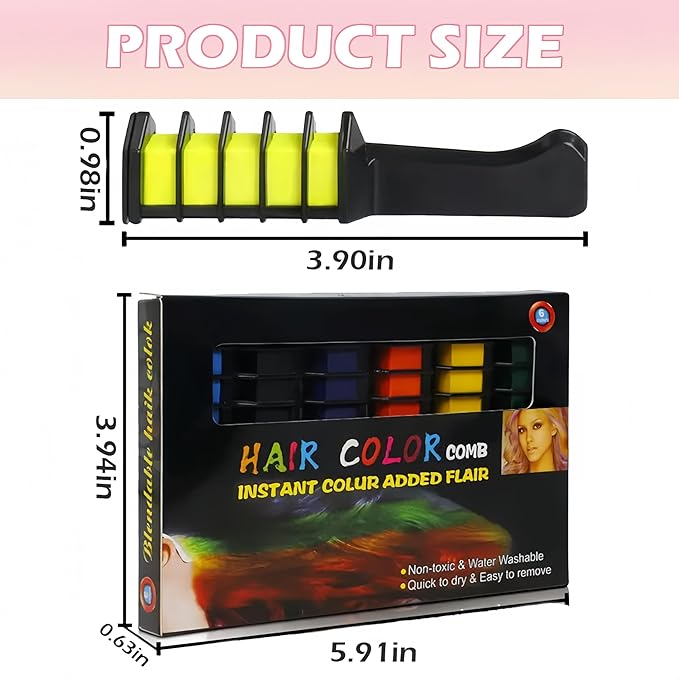 12 Colors Festive Fun Hair Chalk Combs, Instant Hair Color Comb Washable Quick Dry Vibrant Temporary Color for Birthday Christmas Party Gifts for Teenage Girls Kids (6 Colors)