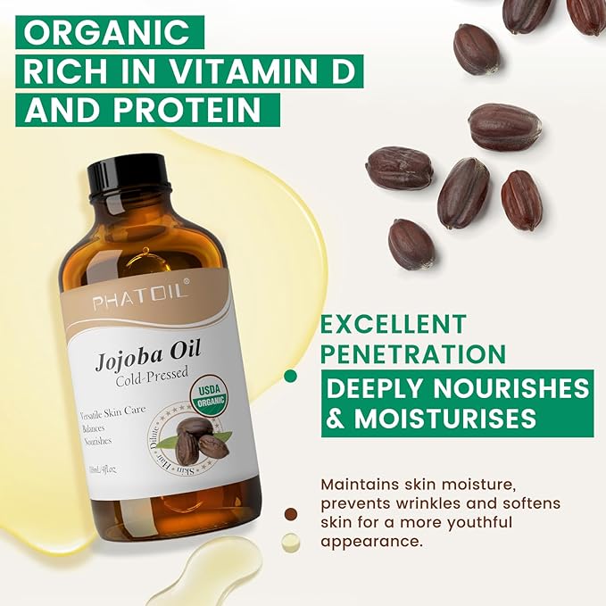 PHATOIL Jojoba Oil Organic Cold Pressed USDA Certified Premium Grade Jojoba Oil Deeply Moisturizing Carrier Oils for Skin, Body, Face, Nails and Hair Growth, Massage, Essential Oils Mixing(118ML)