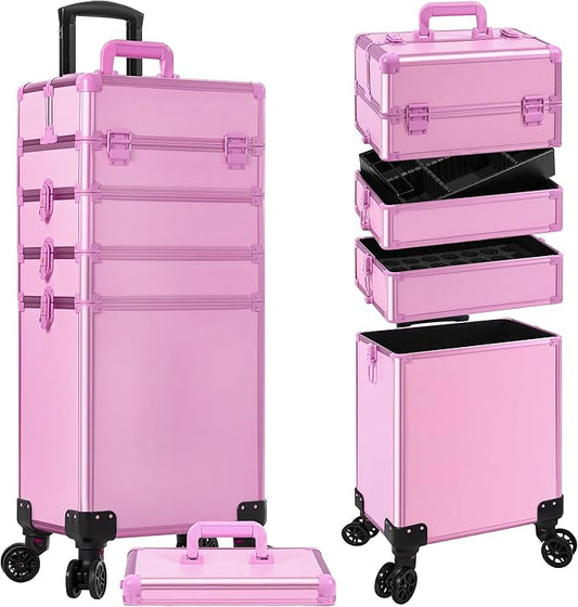Profesional Rolling Makeup Train Case with Lid, 5 in 1 Cosmetology Case on Wheels, Large Cosmetic Trolley Organizer Travel for Hairstylist Artist Nail Beauty Salon Barber, Pink