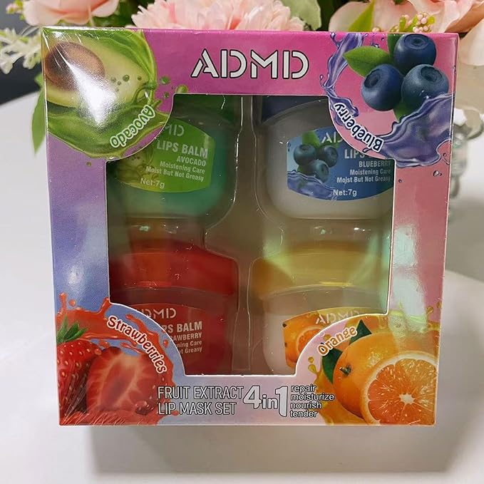 4Packs Admd Fruity Lip Balm Set,Fruit Flavored Lip Care Set,Mini Colorless Lipsticks,Moisturizing Masks, Long-lasting Nourishing Smooth Soft, Hydrated Lips Overnight (4Pcs)