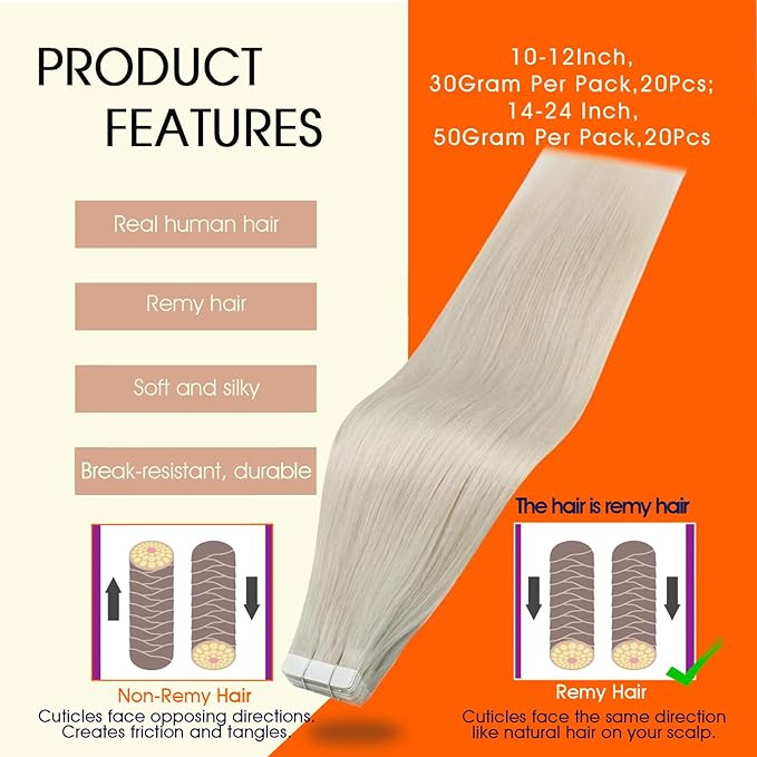 Full Shine White Blonde Human Hair Tape in Extensions Tape in Human Hair Extensions Invisible Skin Weft Natural Straight Extension Lightweight 22Inch Instant Volume Boost 50G 20Pcs