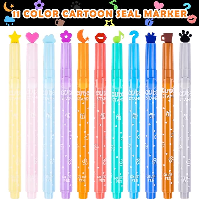 NiArt 11-Pack Cute Candy Color Highlighters with Mini Stamper Tips for Coloring, Drawing, Illustrating, Journaling and Art Crafts, Creative School Classroom Self-Inking Stationery for Kids
