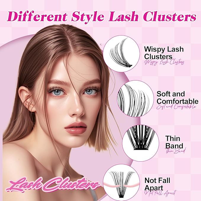 FADLASH Lash Clusters Kit 560Pcs Eyelash Clusters Kit 8-16mm Individual D Curl Cluster Eyelash Extensions with Lash Bond and Seal Lash Tweezers (30D+40D+50D+60D Kit 8-16mm)