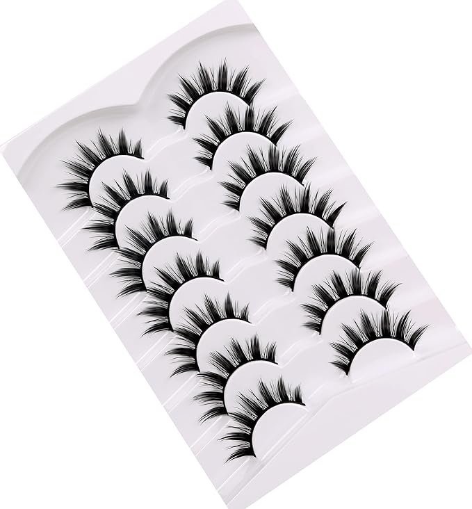 Pooplunch Manga False Eyelashes Spiky Natural Anime Lashes Doll Eye 8D Wispy Volume Sexy Faux Mink Fake Eyelash Strips 7 Pairs Pack
