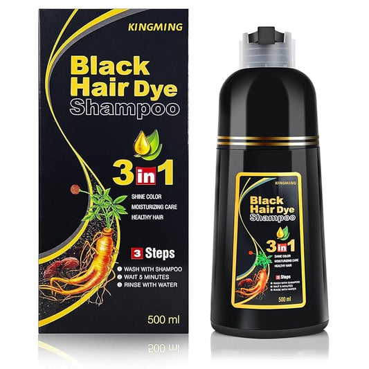 KINGMING Black Hair Dye Shampoo for Gray Coverage, 3 in 1 Herbal Instant color with 100% Cover for Women & Men (500ml)