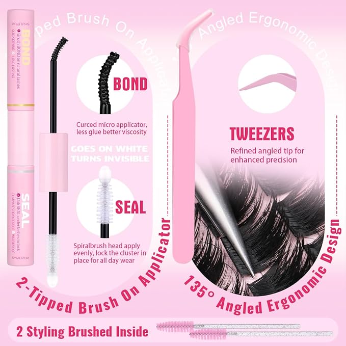 Kiromiro Lash Clusters Kit 12-20mm Thick Lash Extensions Kit Top & Bottom Eyelash Clusters Kit with Lashes Bond and Seal Fluffy Cluster Lashes with Spikes DIY Individual Eyelash Extensions