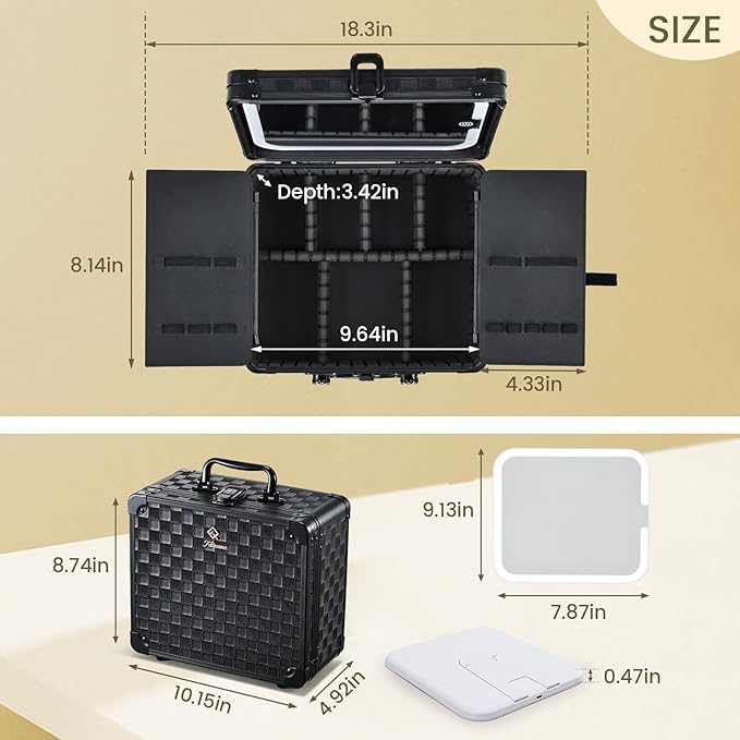 Makeup Case with Magnetic Lighted Mirror 10.15 IN Makeup Organizer Box Travel Cosmetic Case with 3 Colors LED Mirror Portable Vanity Make up Suitcase with Dividers Brush Holder Lock Black Checkerboard