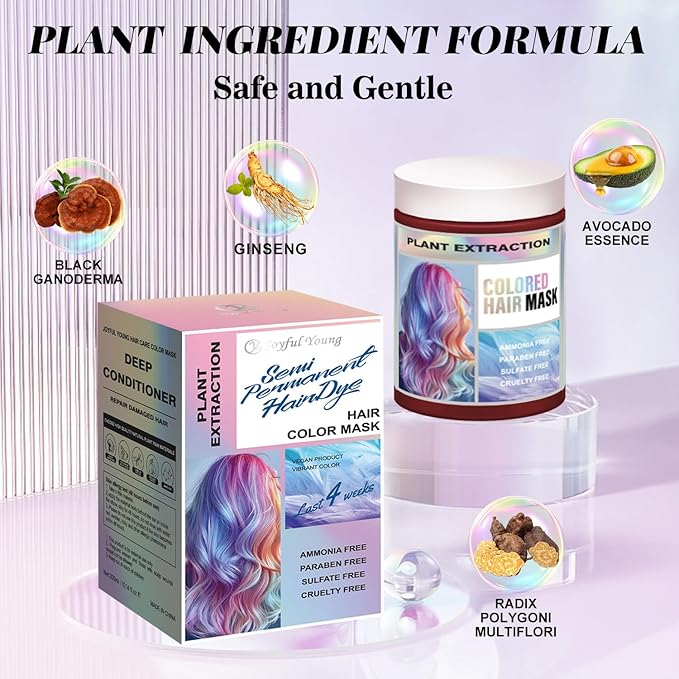 Vegan Semi Permanent Hair Color Mask - 10.15OZ Color Depositing Conditioner for Color-Treated Hair - Ammonia, Paraben, Sulfate & Cruelty-Free - Plant-Based Enhances Tones Hair (WINE RED)