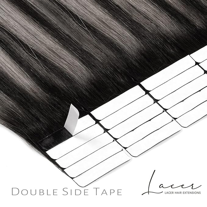 Lacer Grey Tape in Hair Extensions Human Hair Highlight Natural Black to Silver Balayage Tape in Hair Extensions 12 Inch 20pcs/30g