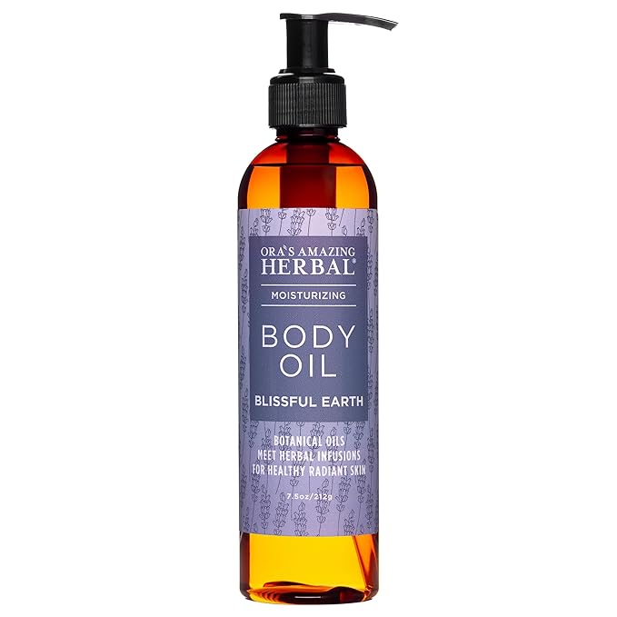 Lavender Bath Oil, Herbal Infused Moisturizing Body Oil for Women with Organic Jojoba Calendula Thyme Vetiver for Relaxation & Dry Skin, Blissful Earth Scent with Pump 7.5 oz