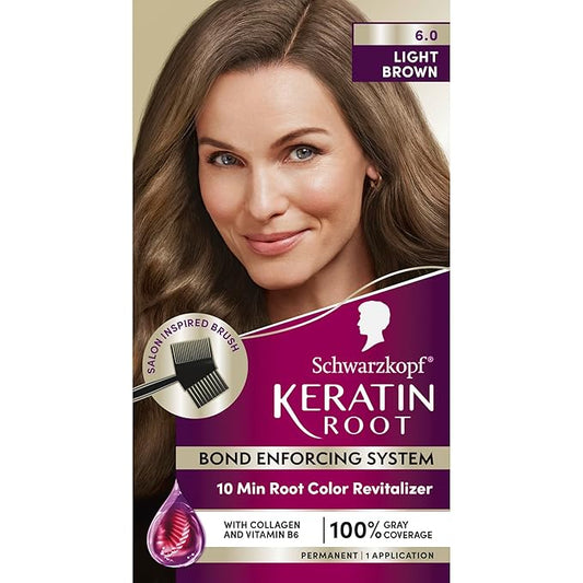 Schwarzkopf Keratin Root Permanent Hair Color Kit, 6.0 Light Brown, 1-Application Root Touch-Up with Collagen & Vitamin B6, Complete Gray Coverage, Precision Brush, All Hair Types & Textures