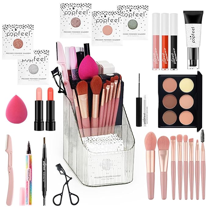 Makeup Set, Cosmetic Make Up Starter Kit with Portable Travel Concealer Palette Lipstick Lip Gloss Eyeliner Mascara Eyeshadow Primer Eyebrow Pencil Eyelash Curler Makeup Brushes for Women