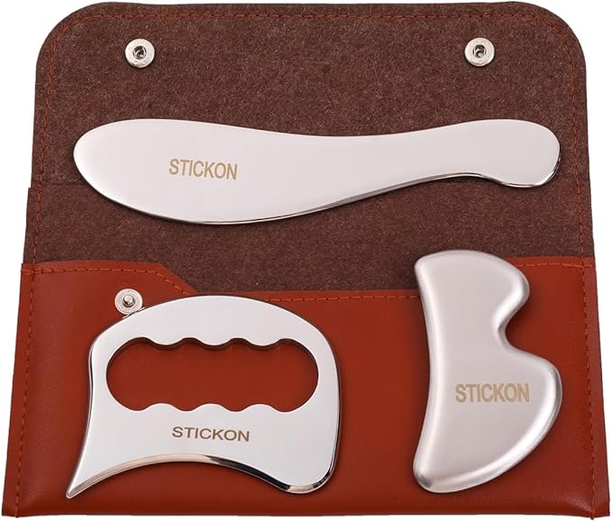 STICKON 3 in 1 Stainless Stee Gua Sha Set, Scraping Massage Tools Kit & IASTM Tool for Physical Therapy, Guasha Massage Scraper,IASTM Tools,Fascia Scraper,Soft Tissue Massage Tool(STICKON-55)