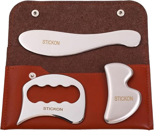STICKON 3 in 1 Stainless Stee Gua Sha Set, Scraping Massage Tools Kit & IASTM Tool for Physical Therapy, Guasha Massage Scraper,IASTM Tools,Fascia Scraper,Soft Tissue Massage Tool(STICKON-55)